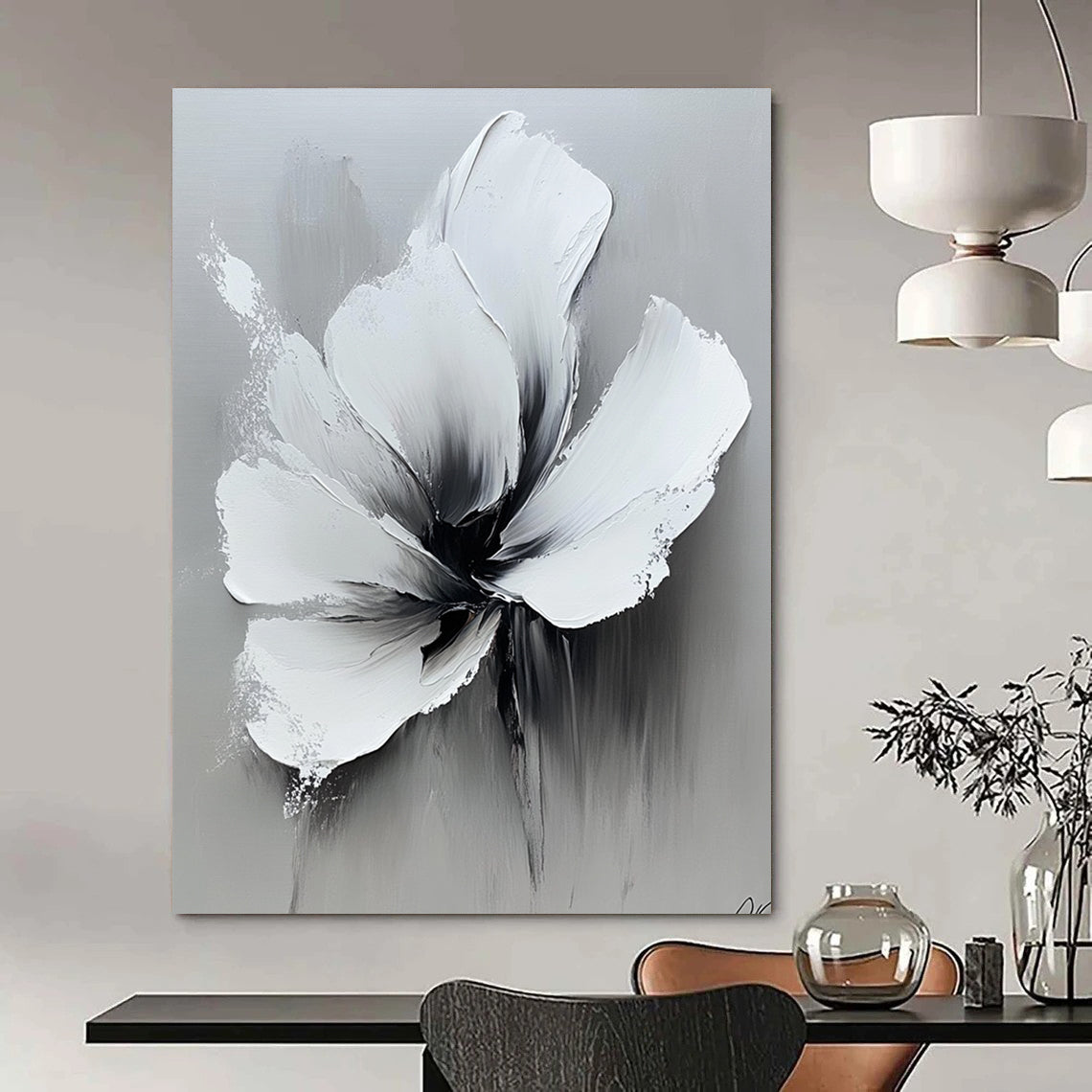 Contemporary abstract oil painting featuring bold white flowers and a high contrast black and gray palette on a neutral background. DLZ0827