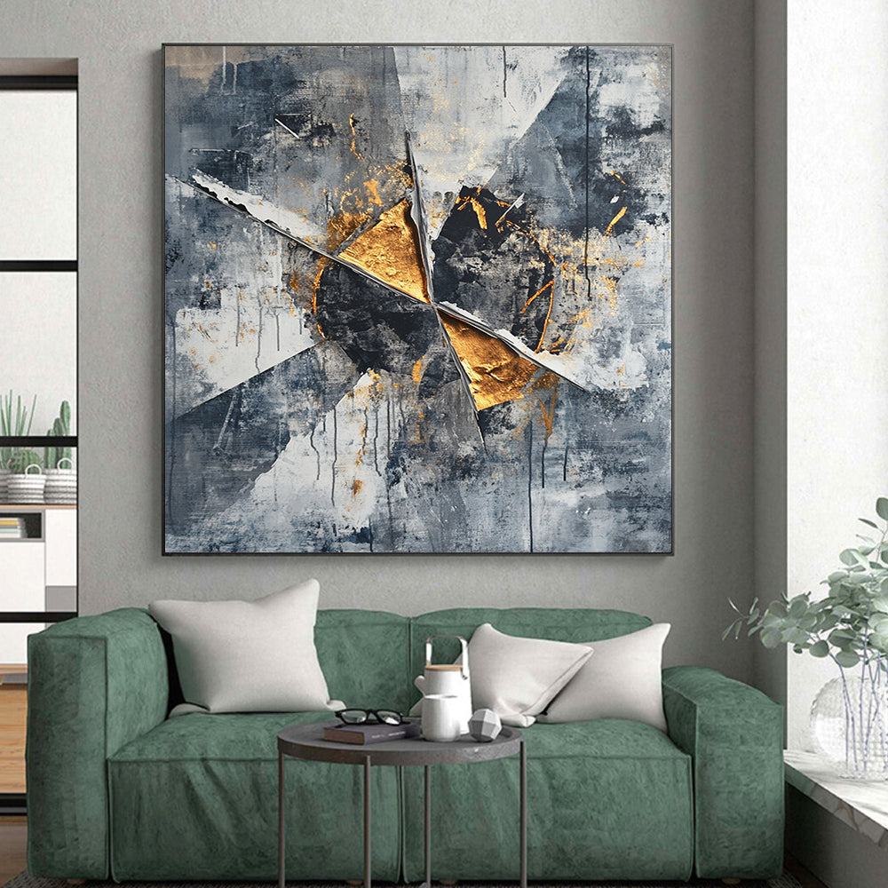 Gray, Black, White and Gold Abstract Shards "Elegant Ruins" Painting On Canvas HB362