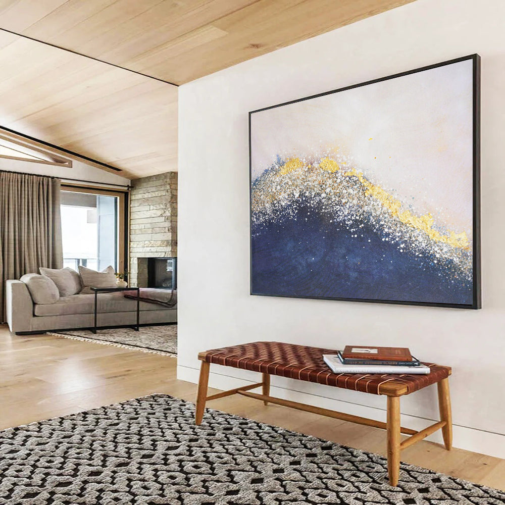 Gold & Blue Abstract Wave - Elegant Living Room or Bedroom Art DLZ268