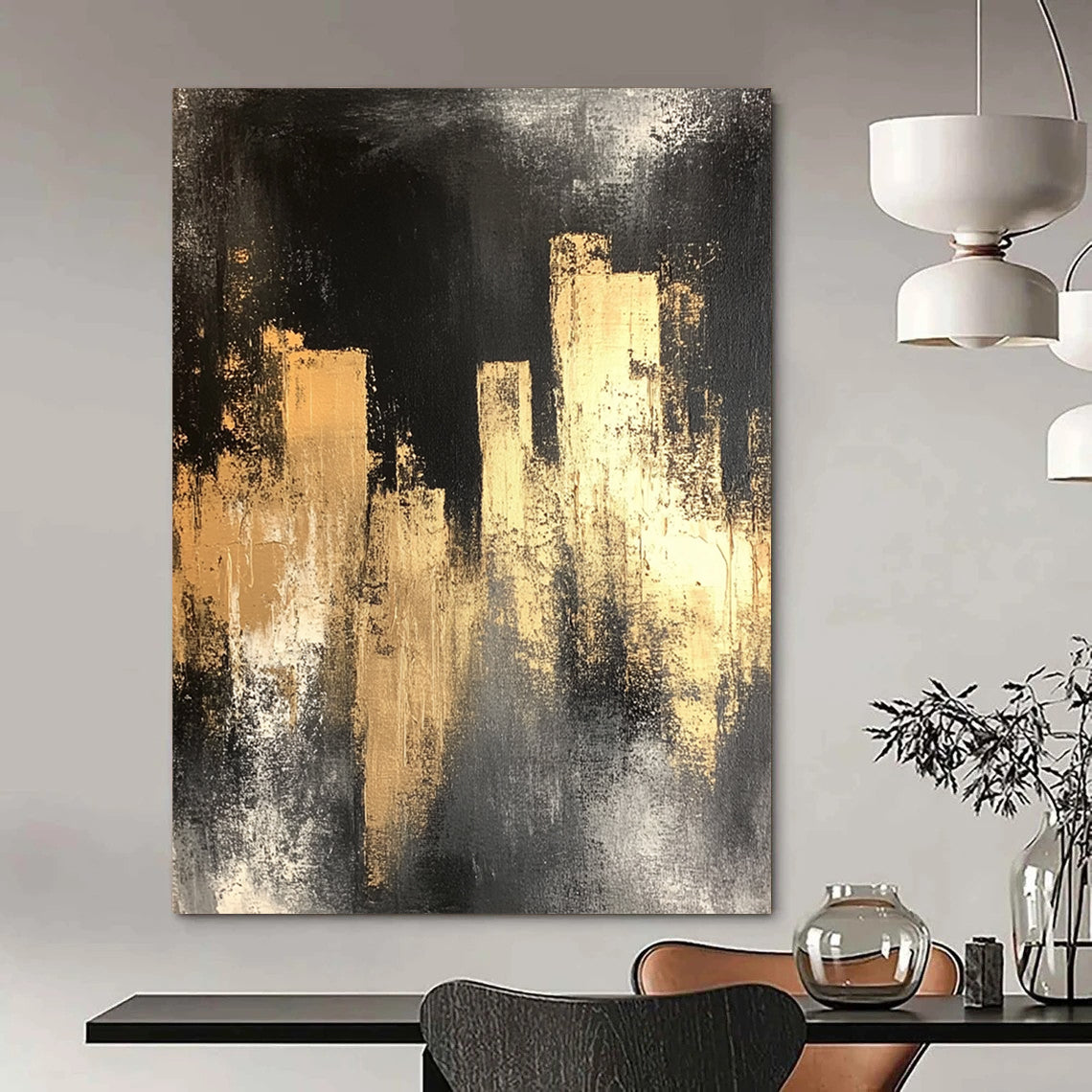 Contemporary hand-painted abstract art featuring a black silhouette of city lights with gold and silver hues on a distressed dark grey background. DLZ0901