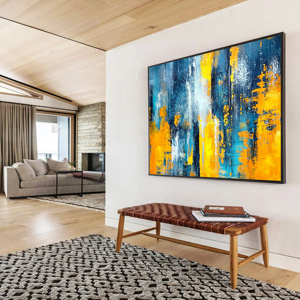 “Blue and Yellow Abstract Strokes” - Blue, Yellow, Bold Brushstrokes Painting On Canvas HB0869