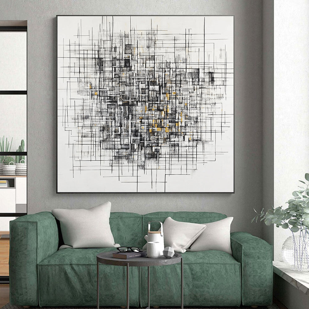 Black, White, Gray, Gold, Tangled Linework "Gilded Chaos Weave" Abstract Expressionist Painting On Canvas HB126