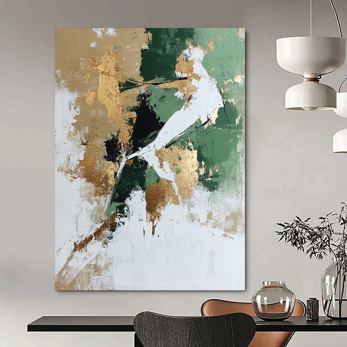 Large contemporary abstract painting featuring white and green tones with gold accents and a dynamic human figure crafted from natural elements. DLZ0780