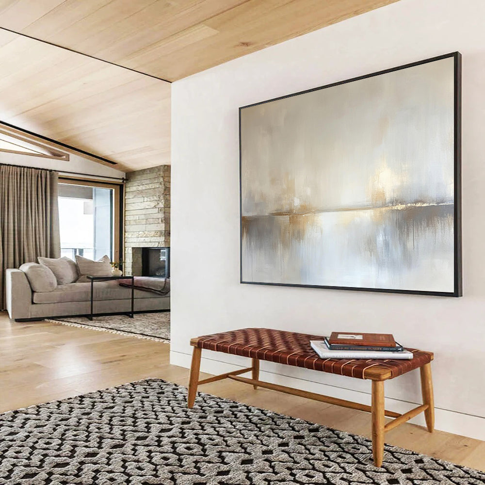 “Dreamy Horizon Reflection” - Pale beige, soft gray, white, Abstract Landscape Painting On Canvas HB0613