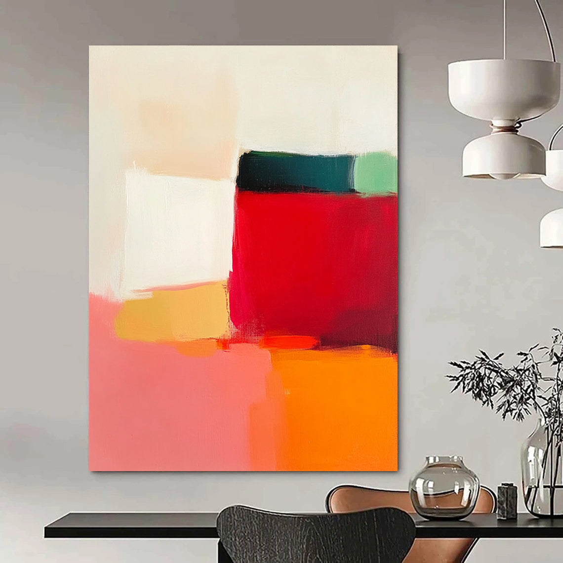 Contemporary hand-painted abstract artwork featuring vibrant reds pinks oranges yellows and whites creating a serene minimalist landscape with soft edges and subtle gradients. DLZ1361