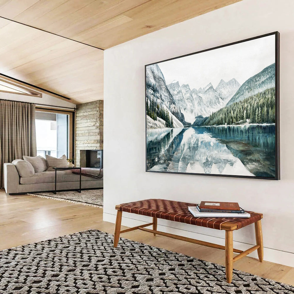 Snowy Mountain Lake Reflection - Serene Living Room Art DLZ221