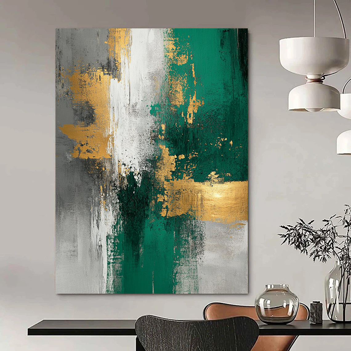 Large contemporary abstract painting featuring gold foil texture emerald green and white tones on light gray background with elegant composition and soft lighting. DLZ0273