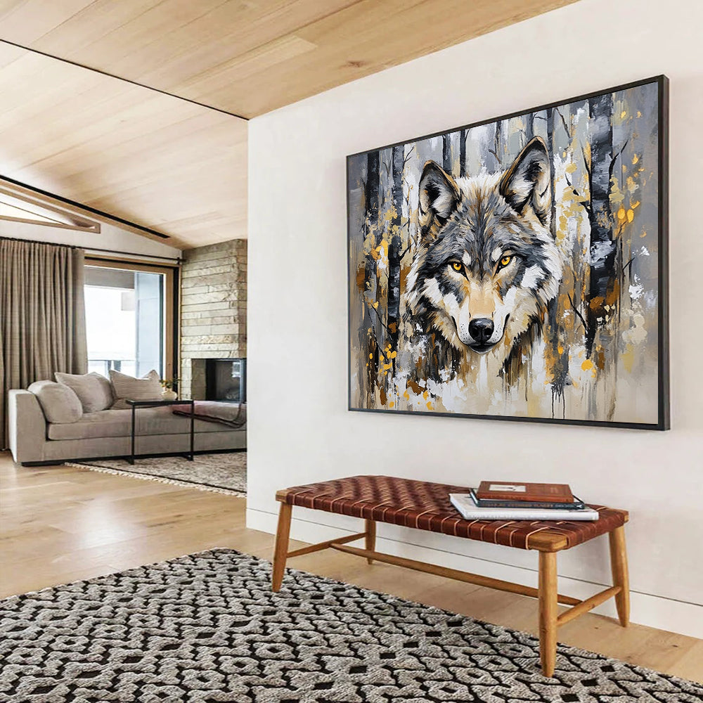 “Wolf in Forest” - Gray, brown, yellow, Realistic Animal Painting HB0636