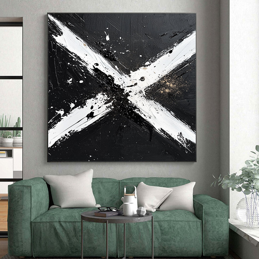Black, White and Gold Abstract "Dynamic X" Painting On Canvas HB403