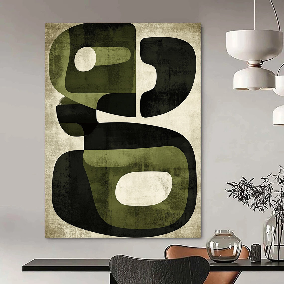 Contemporary hand-painted abstract art features organic shapes in olive green and black with a textured retro design reflecting mid-century modern aesthetics. DLZ0500