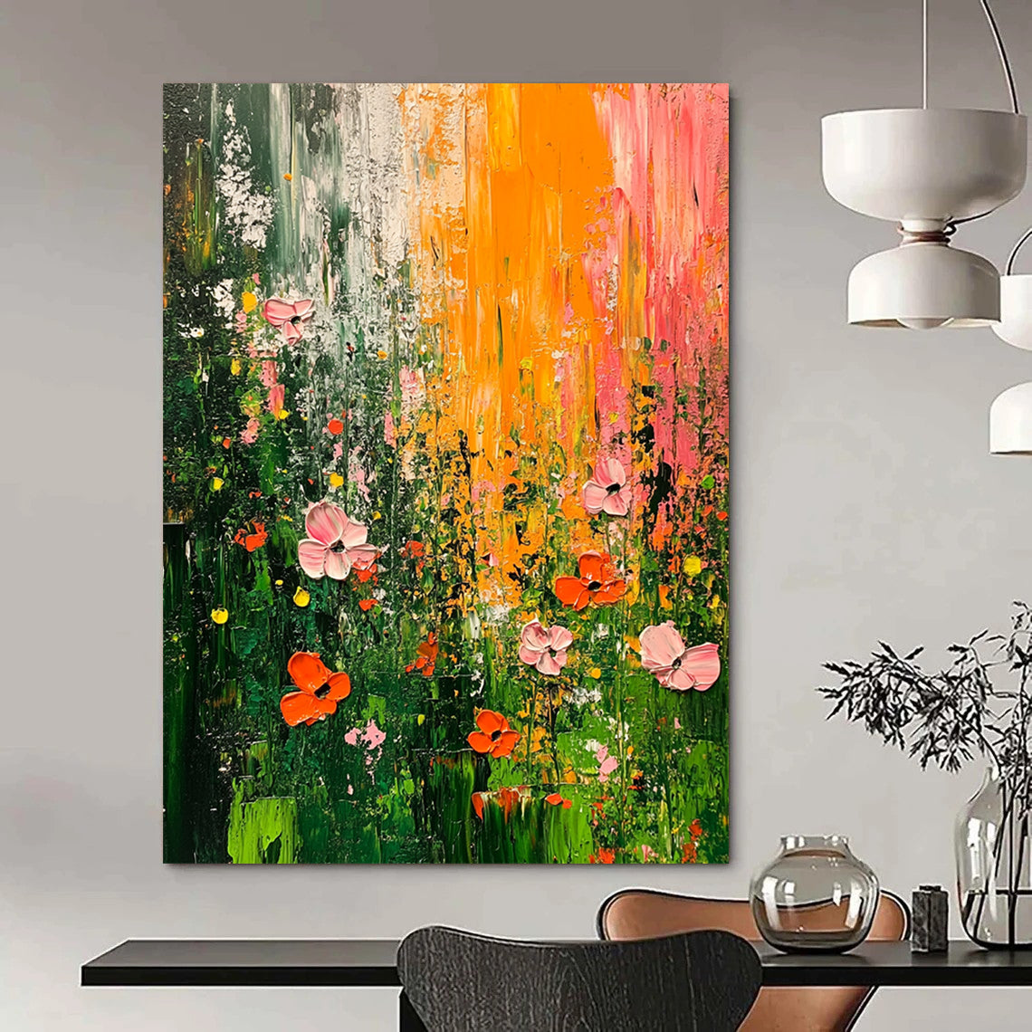 Contemporary hand-painted abstract artwork featuring an overgrown garden with vibrant green pink and orange flowers using thick brush strokes and rich texture on canvas. DLZ0966