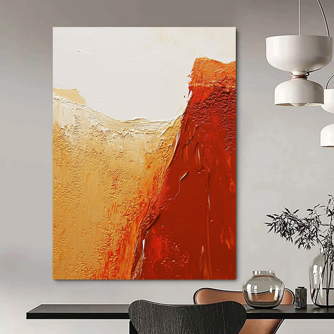 Contemporary abstract painting featuring textured red rock canyons and a serene white sky in warm orange and brown tones. DLZ1482