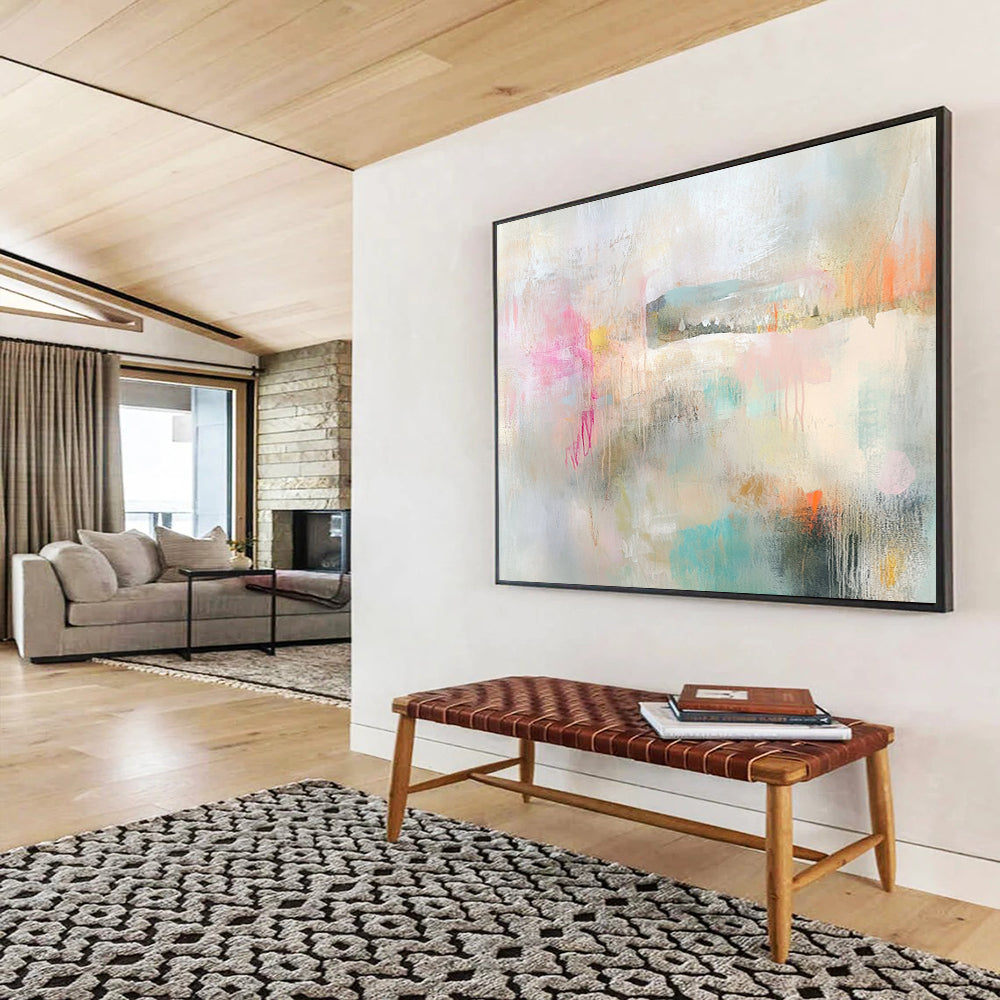 “Soft Pastel Abstract Landscape” - Pastel Pink, Blue, Green, Beige with Hazy Forms - Painting On Canvas HB1376
