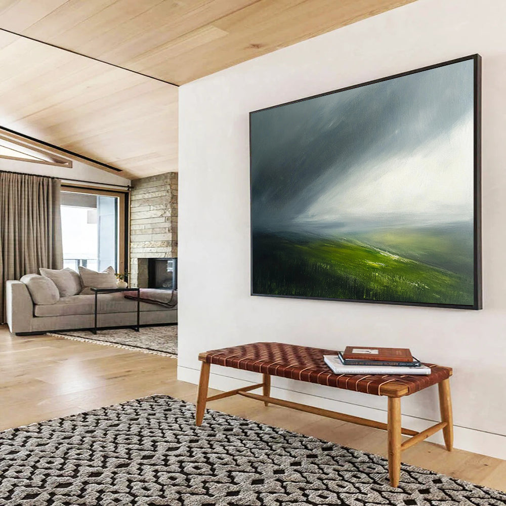 “Misty Moorland” - Gray, Green, Abstract Atmospheric Landscape Painting On Canvas HB1087