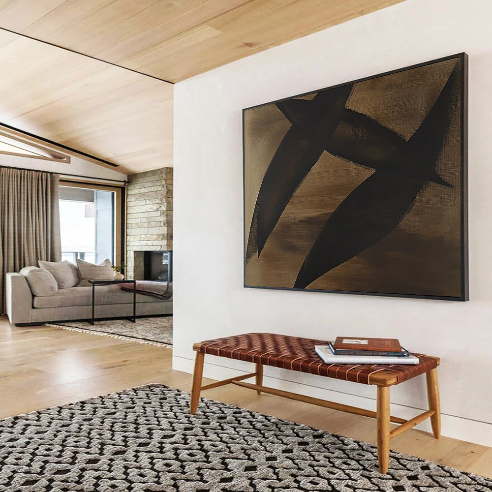 “Black Shapes on Brown” - Black, brown, Minimalist Abstract Painting HB0639