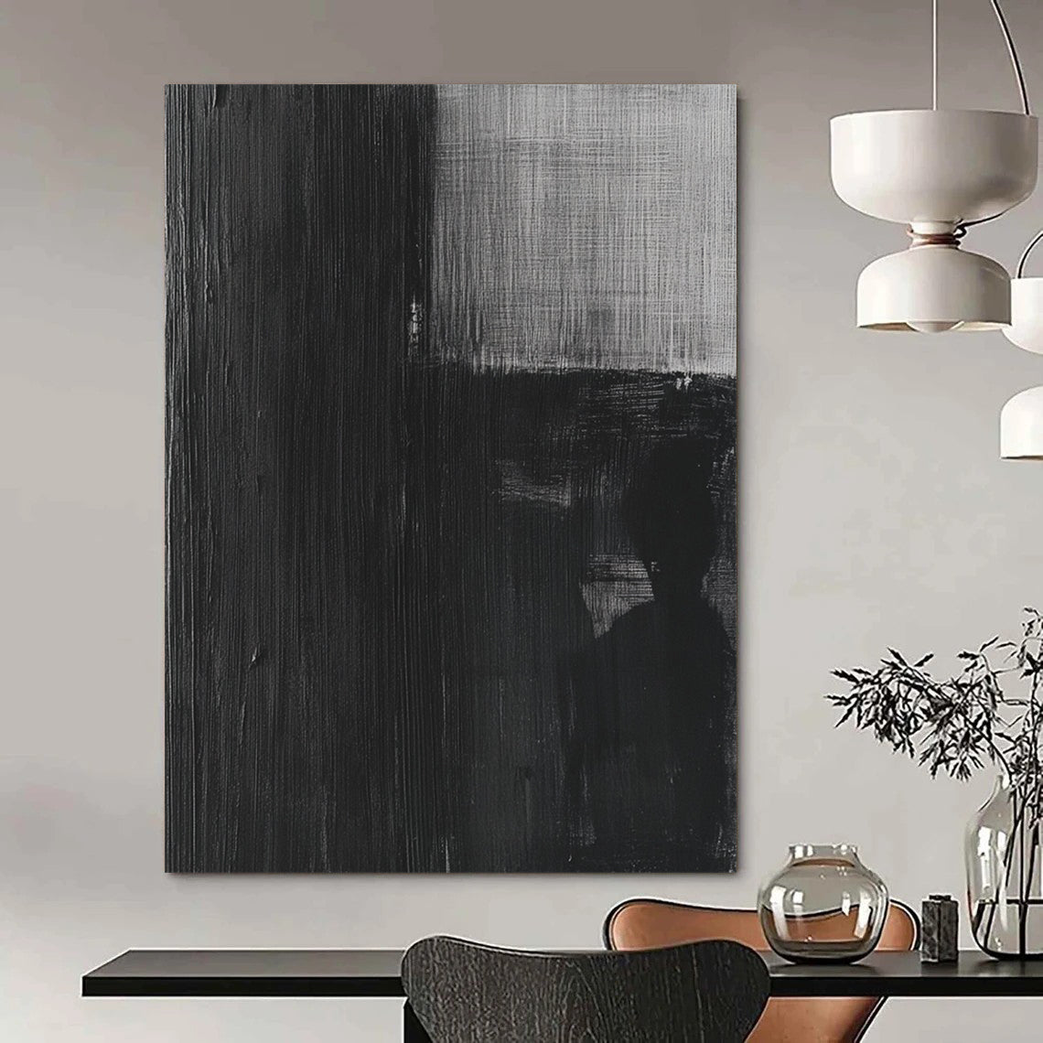 Contemporary abstract painting featuring a black and white oil depiction of an old film negative with a grainy eerie texture. DLZ1142