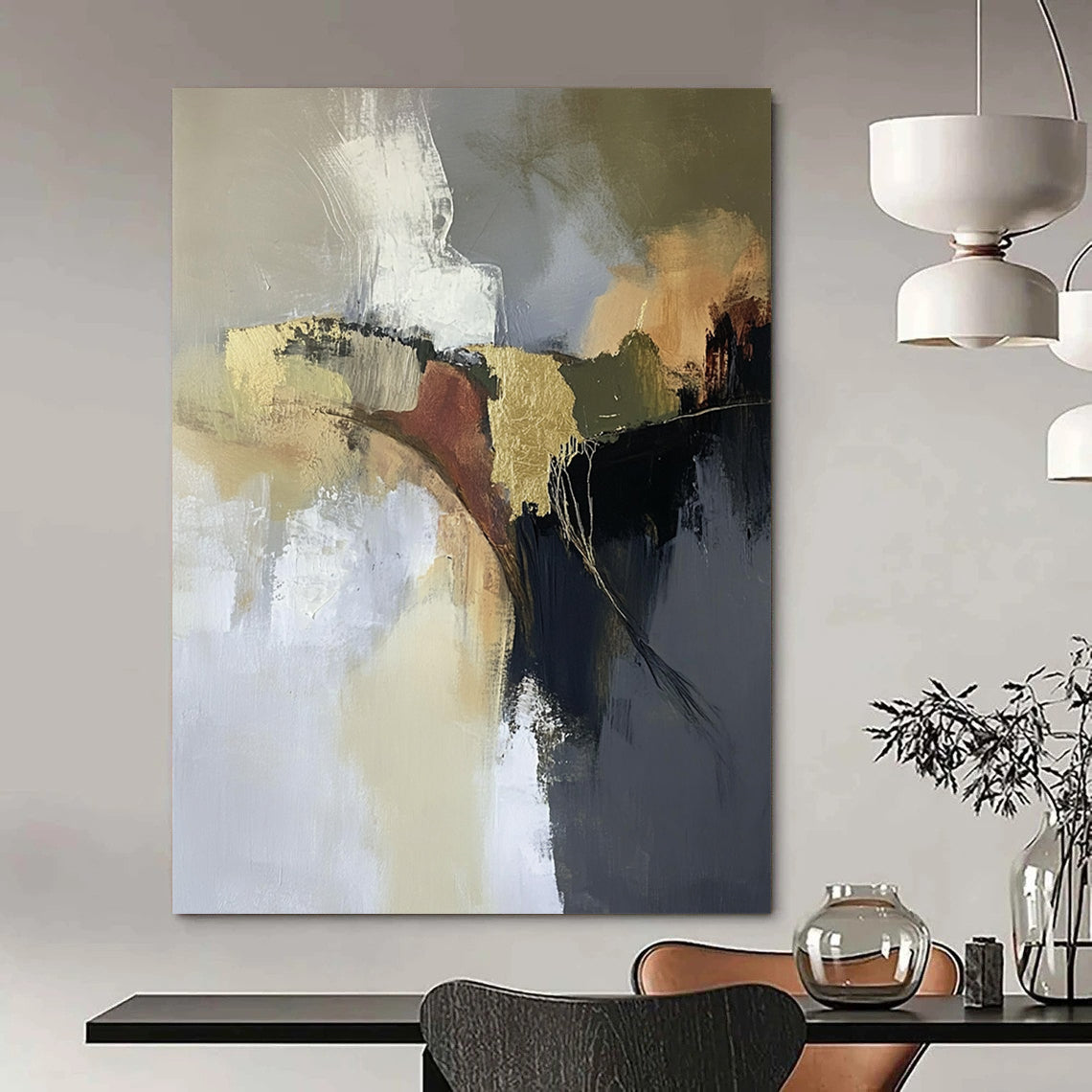 Contemporary hand-painted abstract artwork featuring aerial landscapes in neutral tones with gold and brown accents creating a dreamy atmospheric effect. DLZ0449