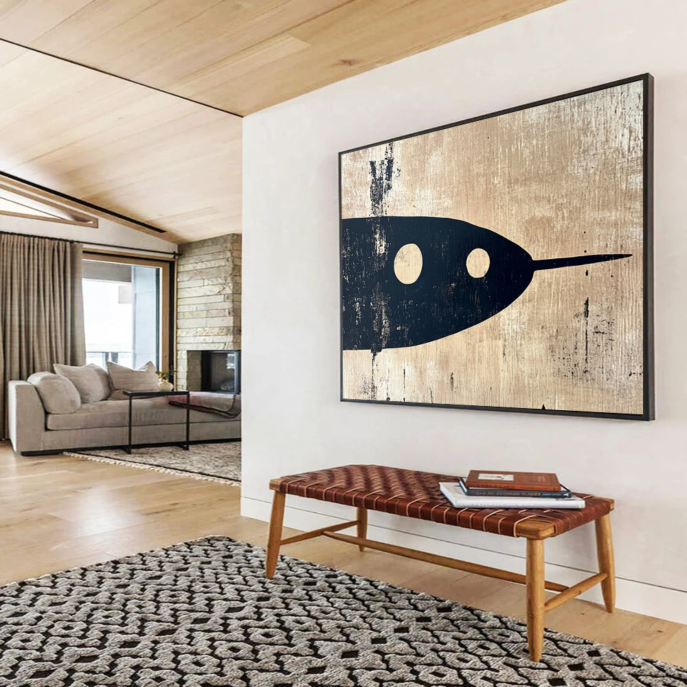 “Black Fish on Beige” - Black, beige, fish silhouette, Minimalist Mixed - Media Painting HB0616