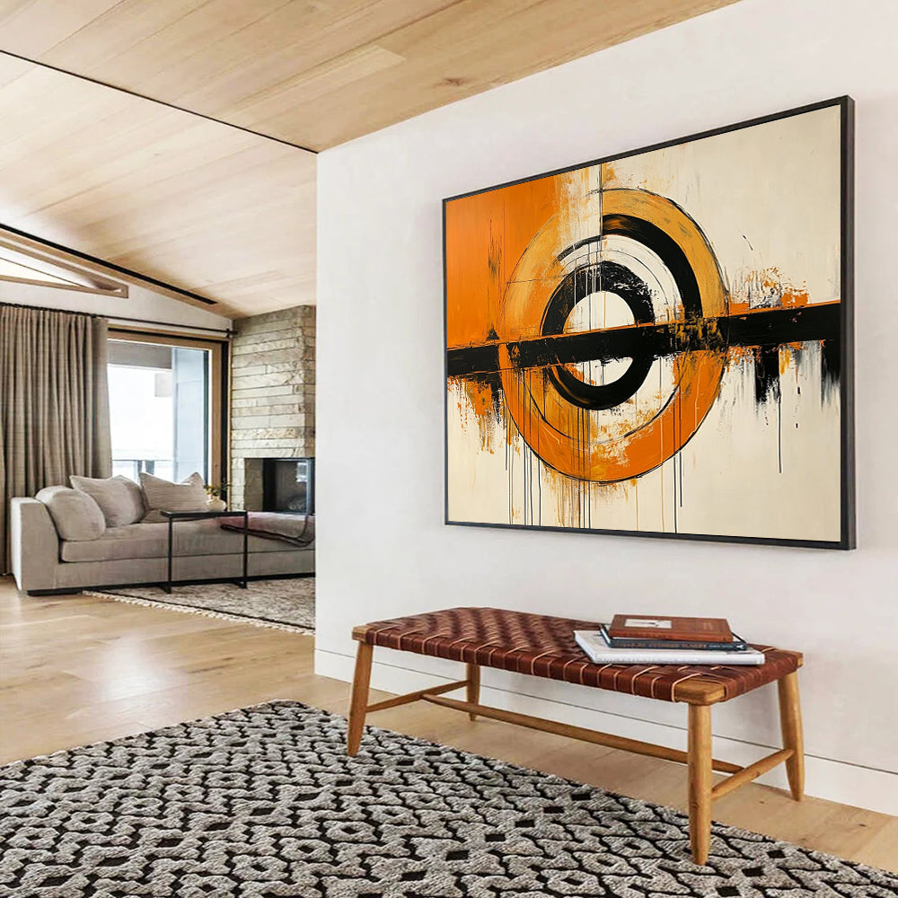 “Orange, Black, and White Abstract Circles” - Orange, black, white; Abstract circles with drips; Acrylic Painting On Canvas HB1224