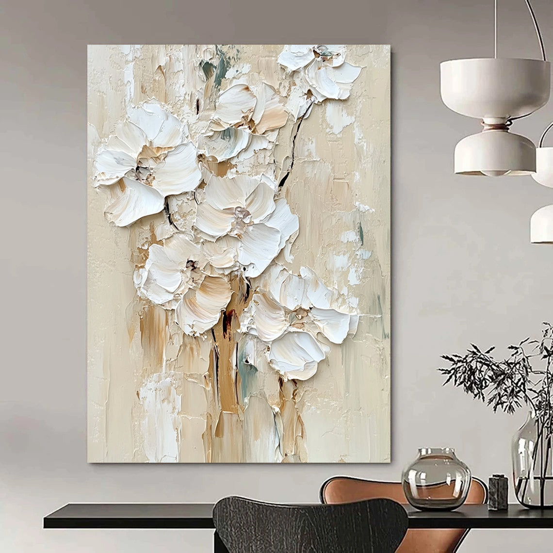 Contemporary large hand-painted abstract artwork featuring impasto white flowers in a soothing palette of neutral colors and tones. DLZ0672