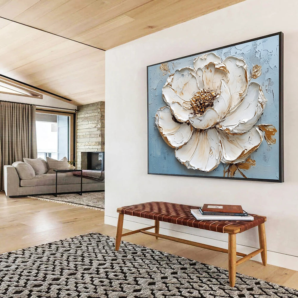 “Textured White Flower with Gold” - White petals, gold accents, blue background, 3D Floral Painting On Canvas HB0598