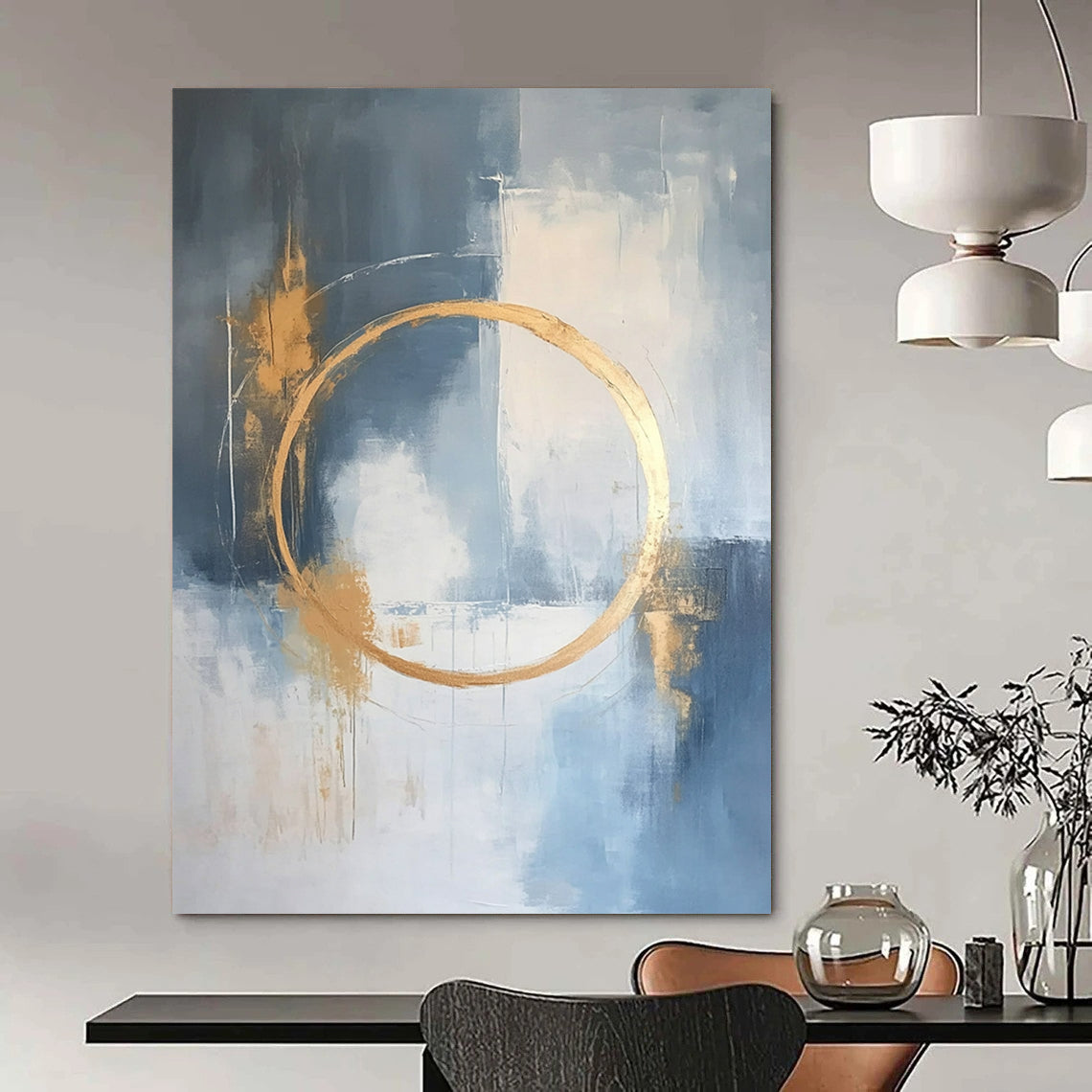 Large contemporary abstract painting features a light blue and white background with gold accents and elegant lines for a high-end aesthetic. DLZ0545