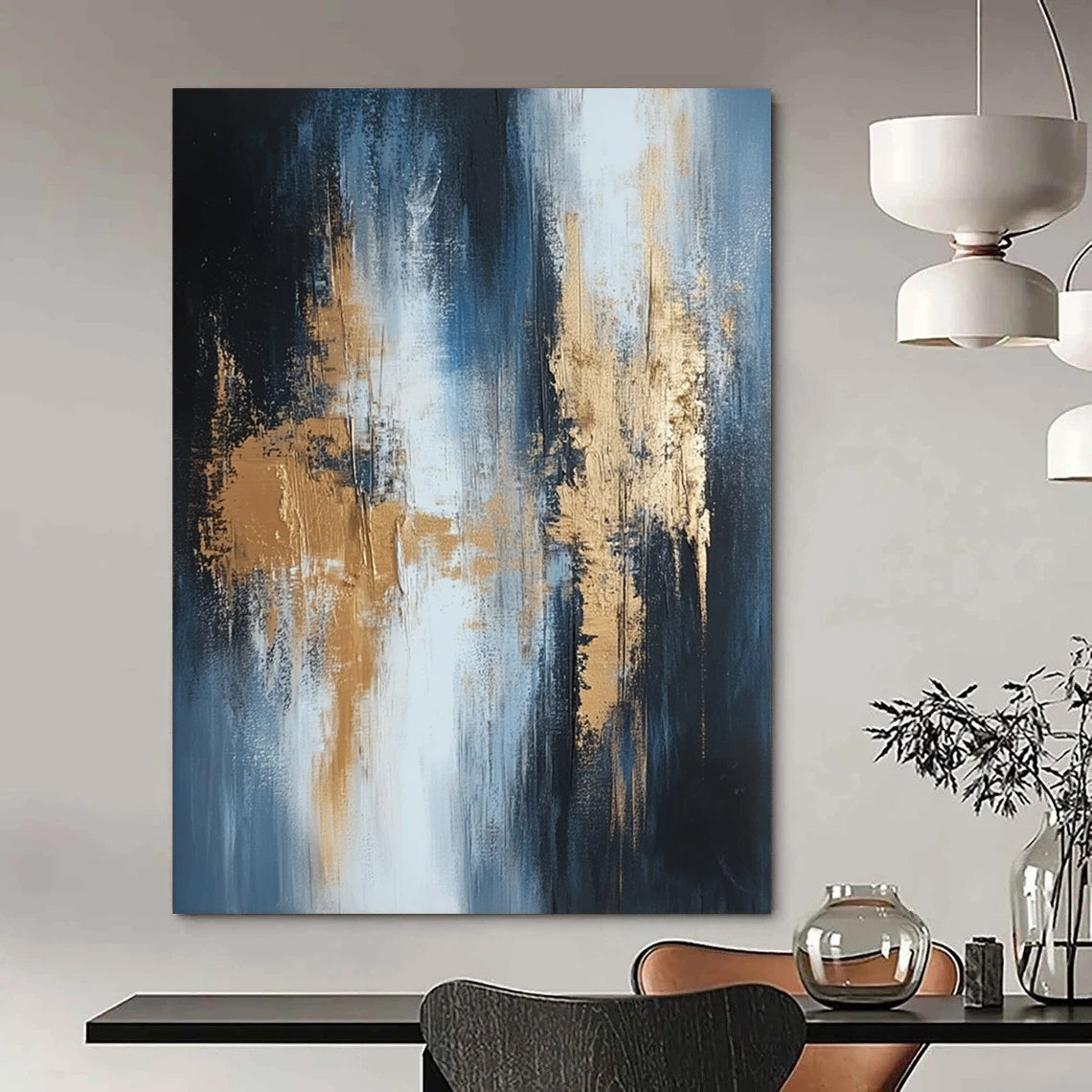 Contemporary hand-painted abstract artwork showcasing textured layers in shades of white black grey beige silver and gold. DLZ0330