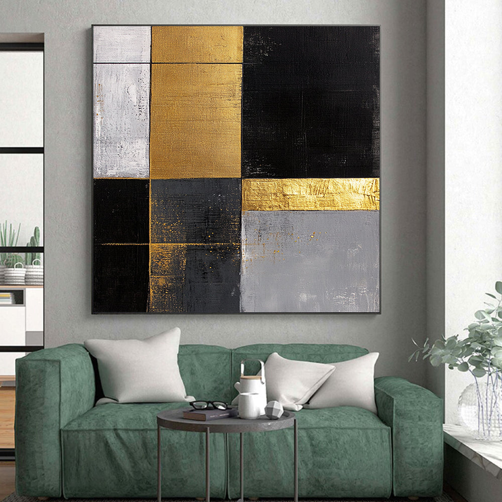 Black, White, Gold, Gray, Patchwork Squares "Gilded Mosaic Tiles" Abstract Minimalist Painting On Canvas HB162