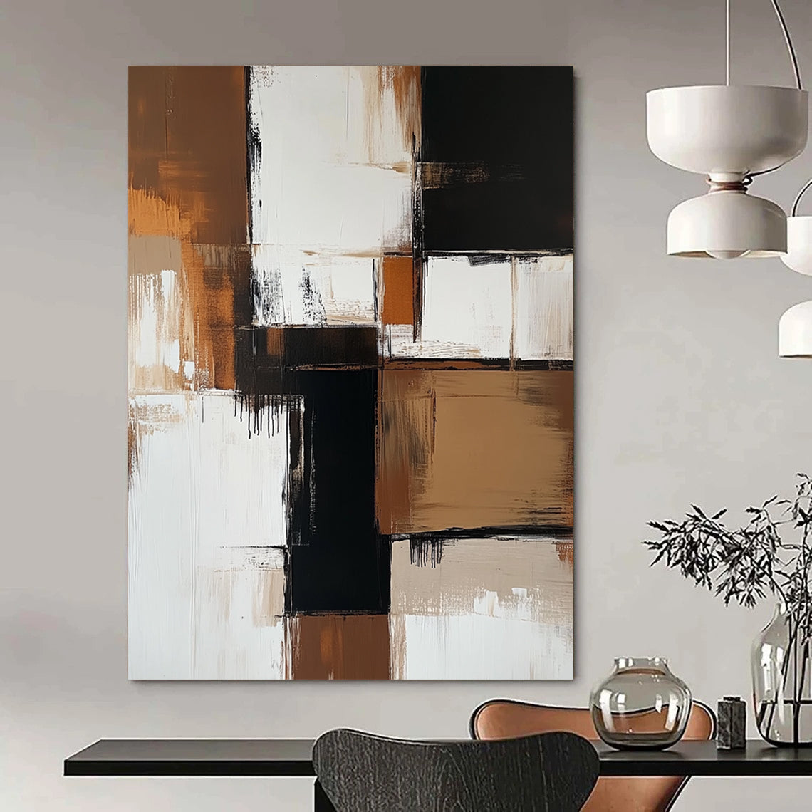 Contemporary hand-painted abstract art featuring bold brown and white color blocks with beige tones and striking black accents, showcasing minimalistic brush strokes. DLZ0735