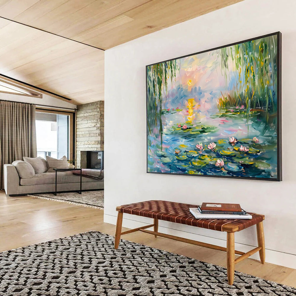 Water Lily Pond at Sunset - Impressionist Living Room or Bedroom Art DLZ194