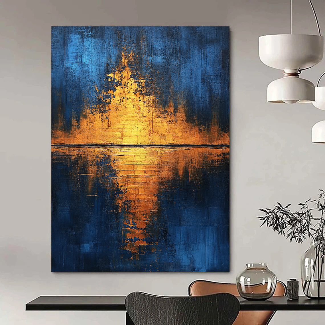 Contemporary hand-painted abstract art featuring golden light reflections on water with blue and gold hues enhanced by gold foil and textured canvas. DLZ0506