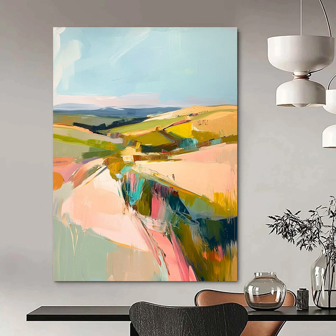 Large contemporary abstract painting featuring a pastel palette of pinks greens and yellows capturing the beauty of Welsh rolling hills and blue skies. DLZ1003