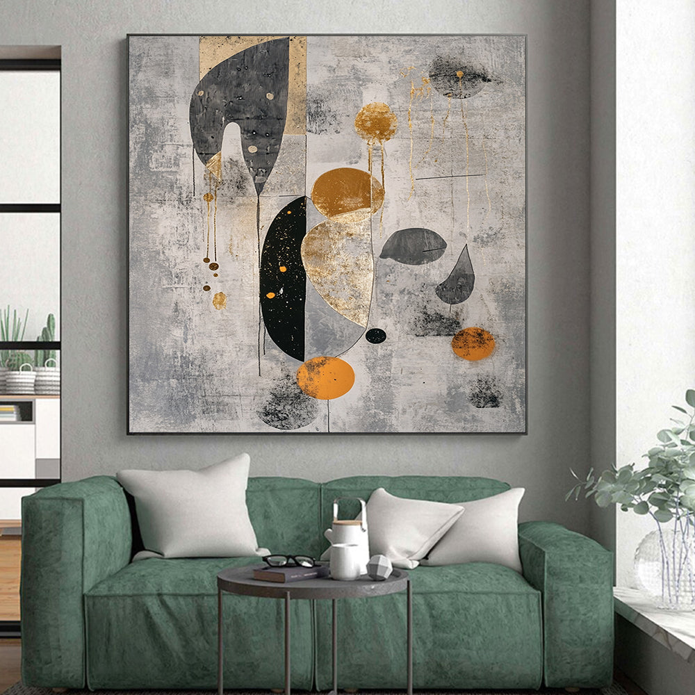 Gray, Black, Gold and Orange Geometric Shapes "Ethereal Geometry" Painting On Canvas HB331