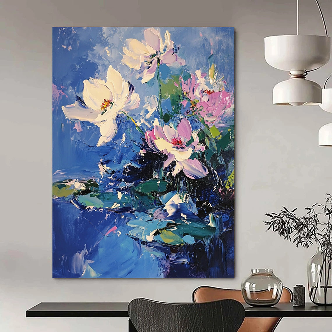 Contemporary abstract painting featuring bold brushstrokes and vibrant lotus flowers with pink accents on blue water, creating depth and movement through light and shadow. DLZ0377