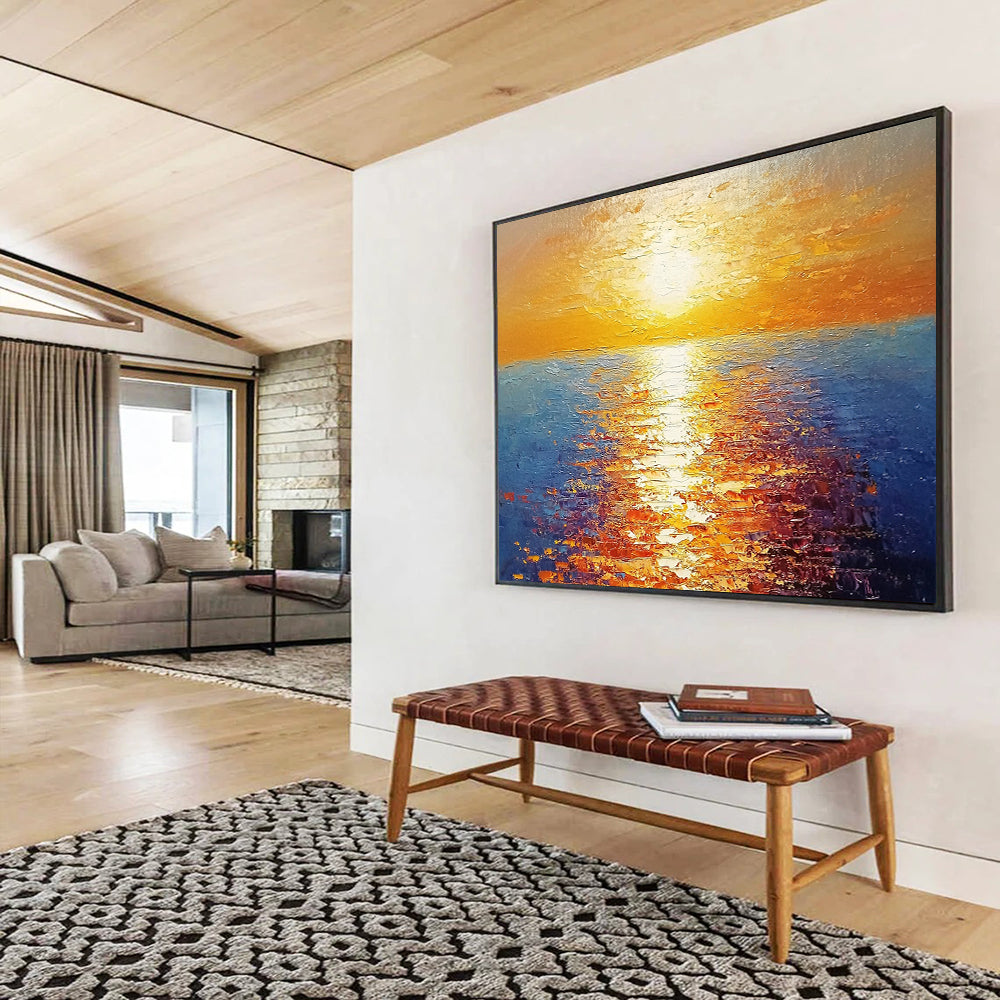 “Radiant Sunset Over Sea” - Orange, Yellow, Blue, Impressionist Seascape Painting On Canvas HB0693