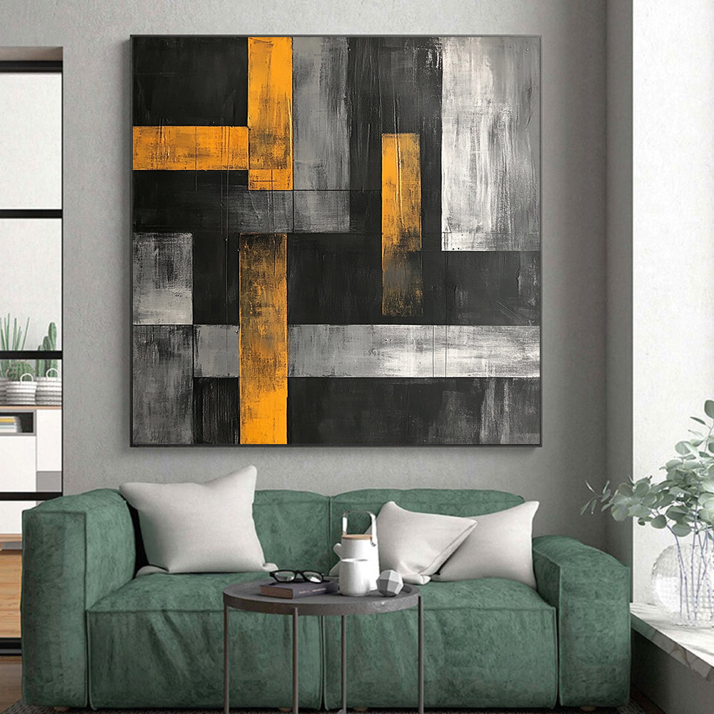 Black, Gray, White and Yellow Geometric Blocks "Urban Rhythm" Painting On Canvas HB351