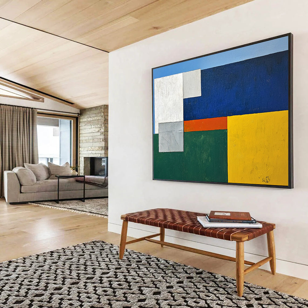 “Geometric Harmony” - Blue, White, Gray, Orange, Green, Color - Blocked Squares Painting On Canvas HB1050