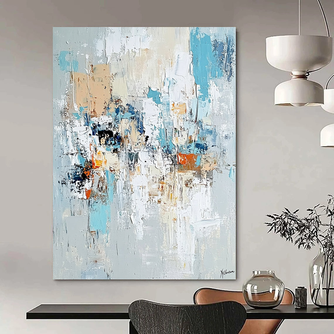 Contemporary hand-painted abstract art featuring chaotic figures with loose gestural lines pale aquamarine and rust tones on a light gray background. DLZ0980
