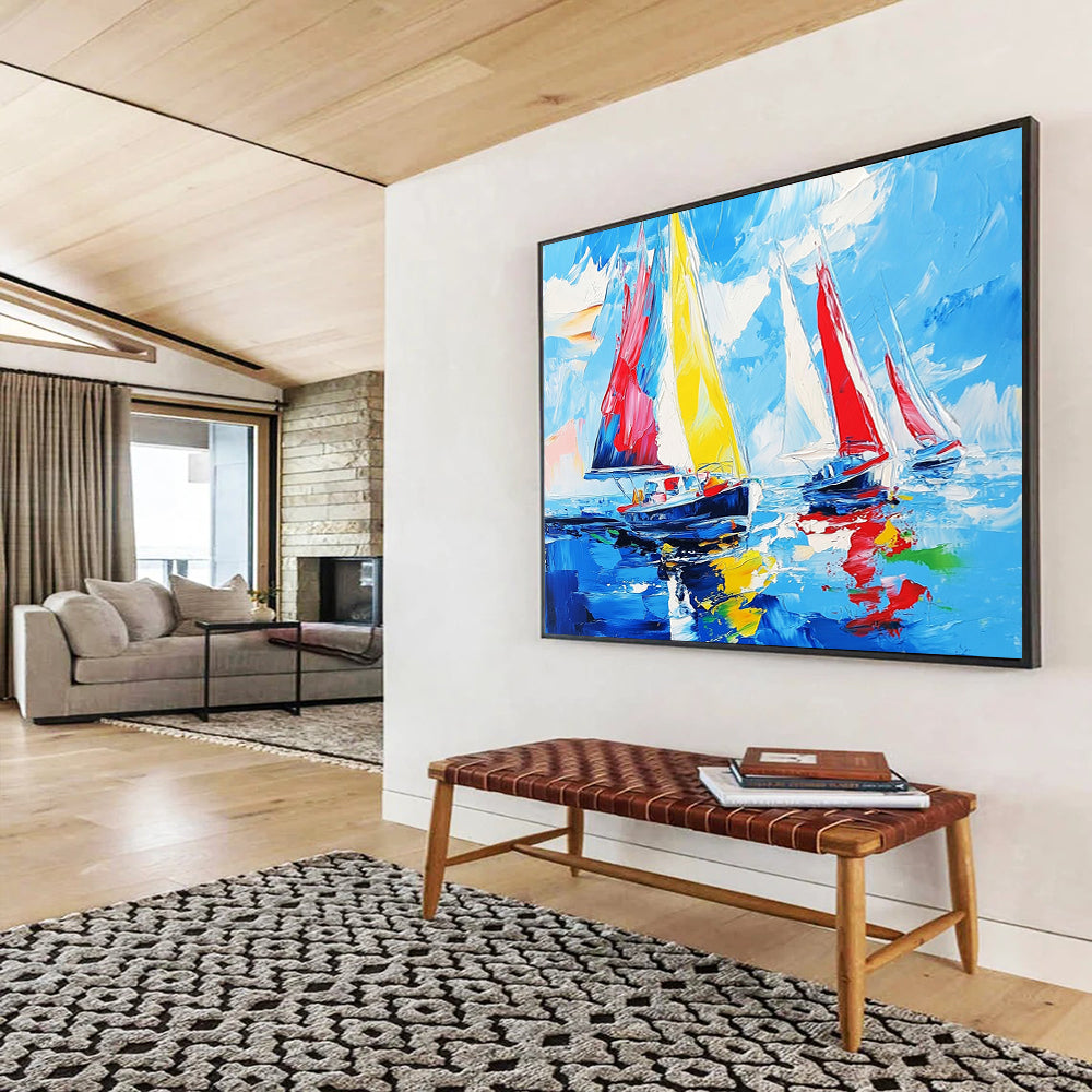 “Colorful Sailboat Race” - Bright Yellows, Reds, Blues, Sailboats on the Sea - Impasto Oil Painting HB1732