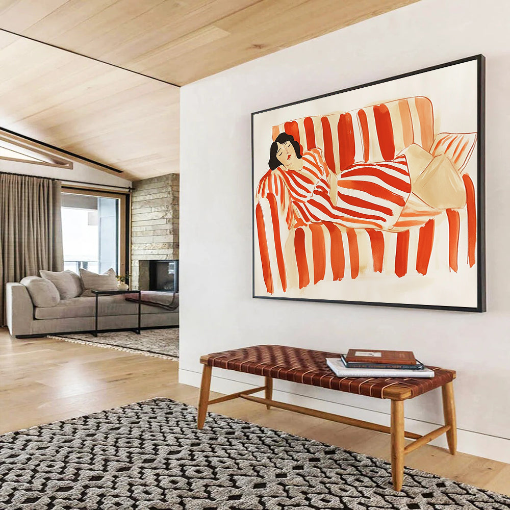 “Woman Resting on Striped Sofa” - Red, White, Figurative, Lifestyle Painting On Canvas HB0778