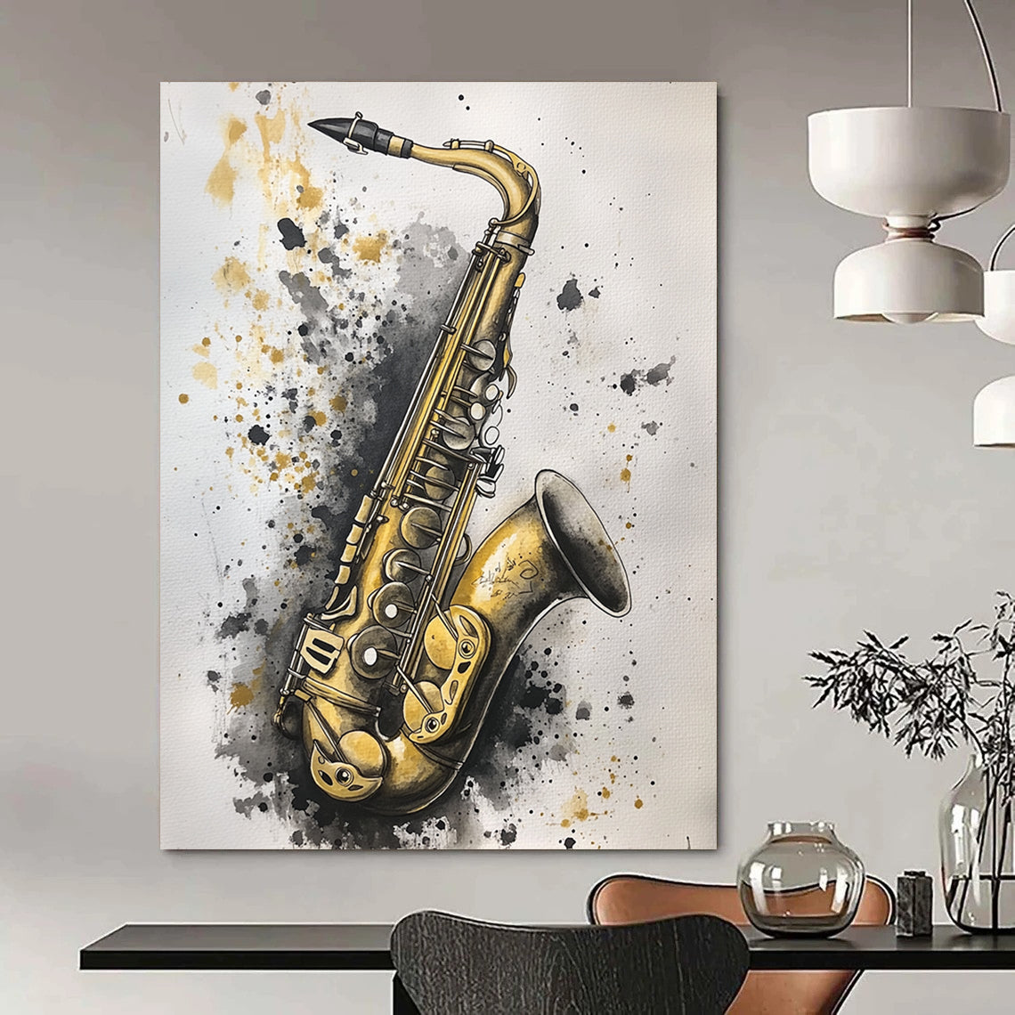 Contemporary hand-painted abstract artwork featuring an old saxophone in gold and silver hues against a soft gray background, creating striking contrast and depth. DLZ1507