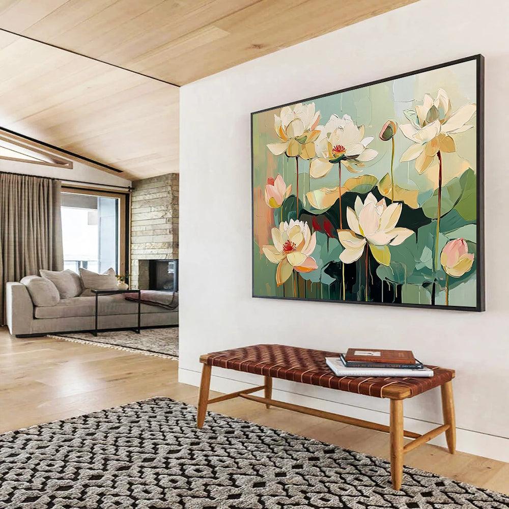 “Textured White Lotus Flowers” - White, Green, Pink, Layered Lotus Blooms - Impasto Acrylic Painting HB1651
