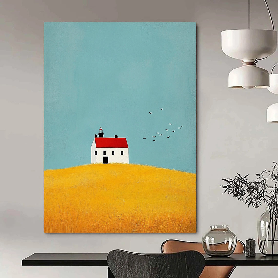 Contemporary abstract art showcasing a lighthouse, yellow fields, birds, and a white house with a red roof, conveying calmness and serenity. DLZ1298