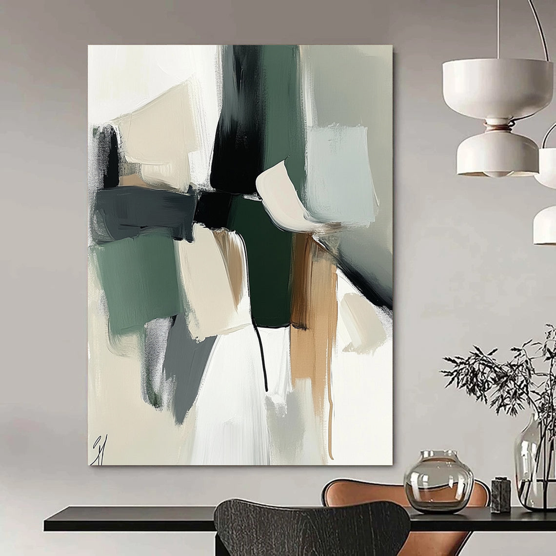 Large contemporary hand-painted abstract artwork with soft shapes and colors in sage green and white, complemented by dark gray for a gentle atmosphere. DLZ0770