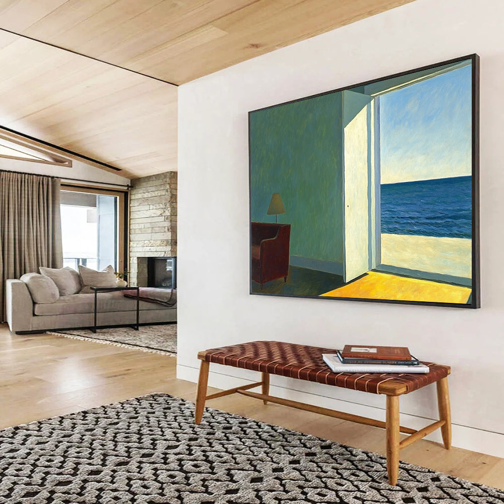 “Room with a View of the Sea” - Green, Blue, Yellow, Interior with Sea View - Realist Oil Painting HB1644