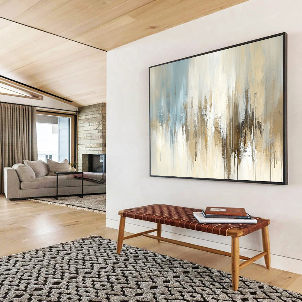 “Beige and Blue Abstract Drip” - Beige, blue, gray, white; Abstract with drip effects and soft color transitions; Acrylic Painting On Canvas HB1263