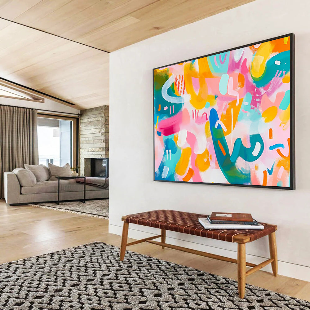“Pastel Playful Abstract” - Pink, Yellow, Teal, Curved Shapes - Contemporary Acrylic Painting HB1522