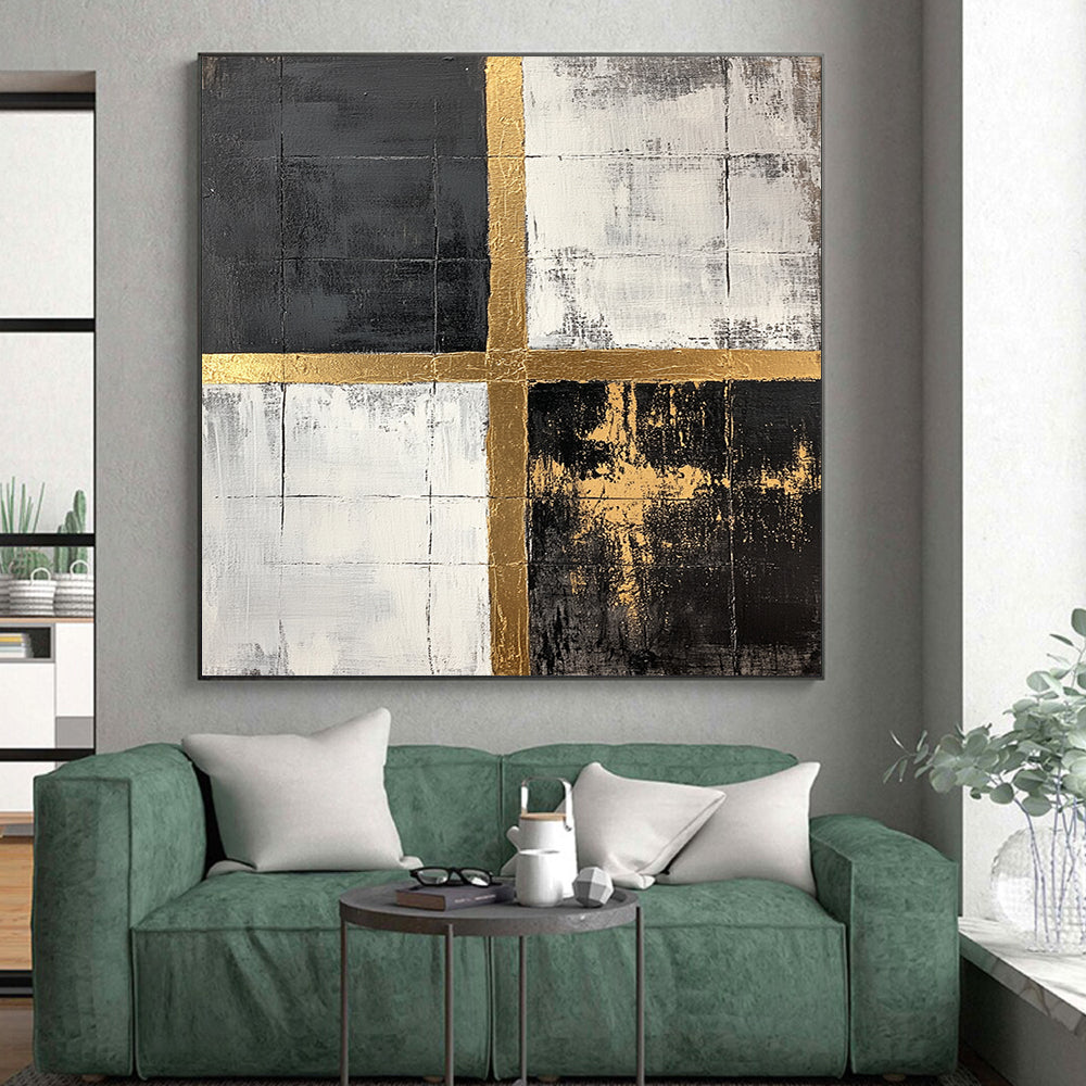Black, White, Gold, Grid - Crossed Squares "Gilded Grid Intersection" Abstract Geometric Painting On Canvas HB161