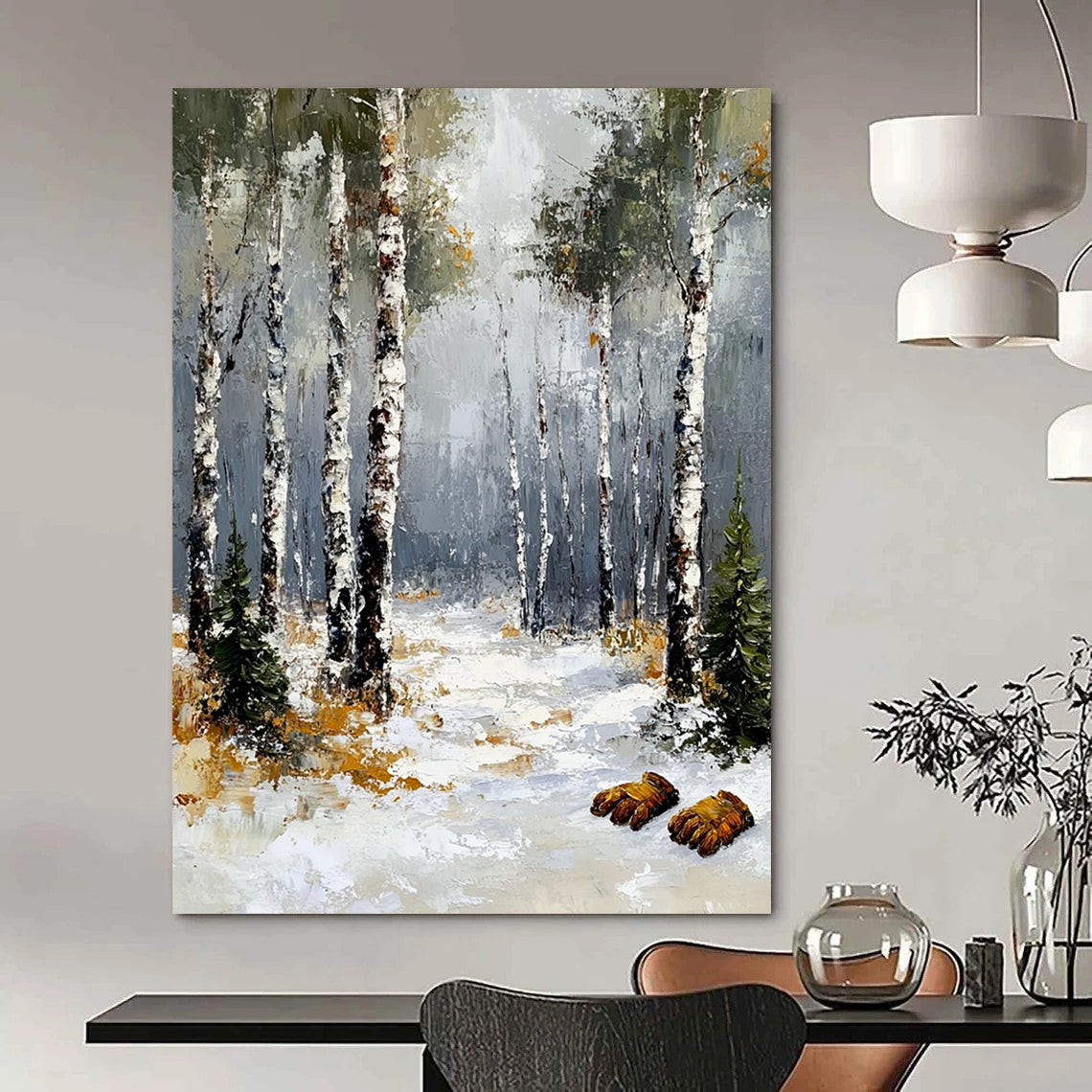 Contemporary abstract art featuring a winter birch forest with a grey sky textured brush strokes and fuzzy gloves in the foreground. DLZ1678