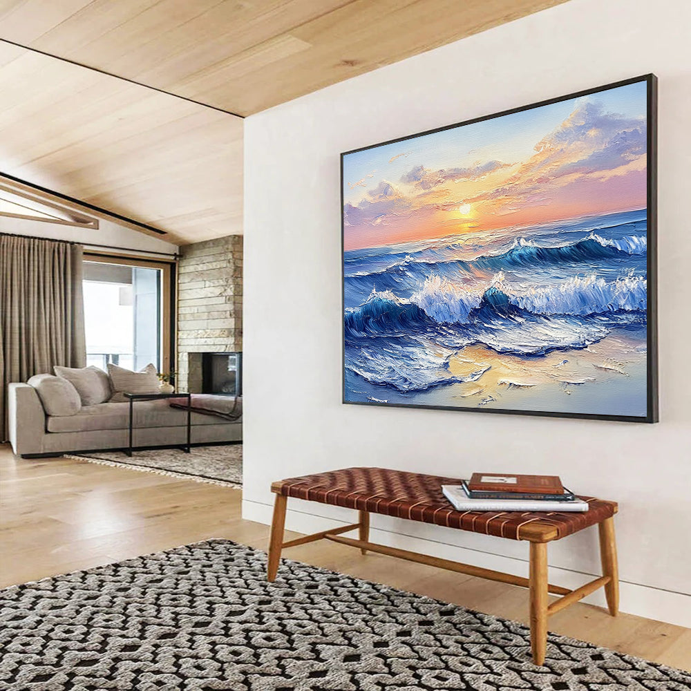 “Sunset Sea Waves” - Blues, Oranges, Yellows, Ocean Waves at Sunset - Impasto Oil Painting HB1706